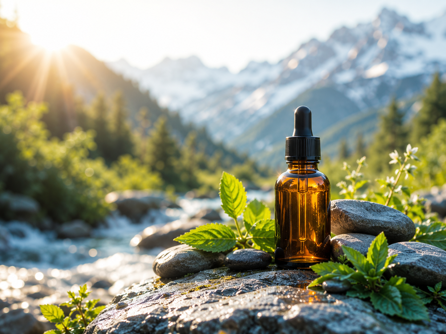 Natürliche Wellness-Szene mit Fläschchen, Steinen und Alpenkulisse